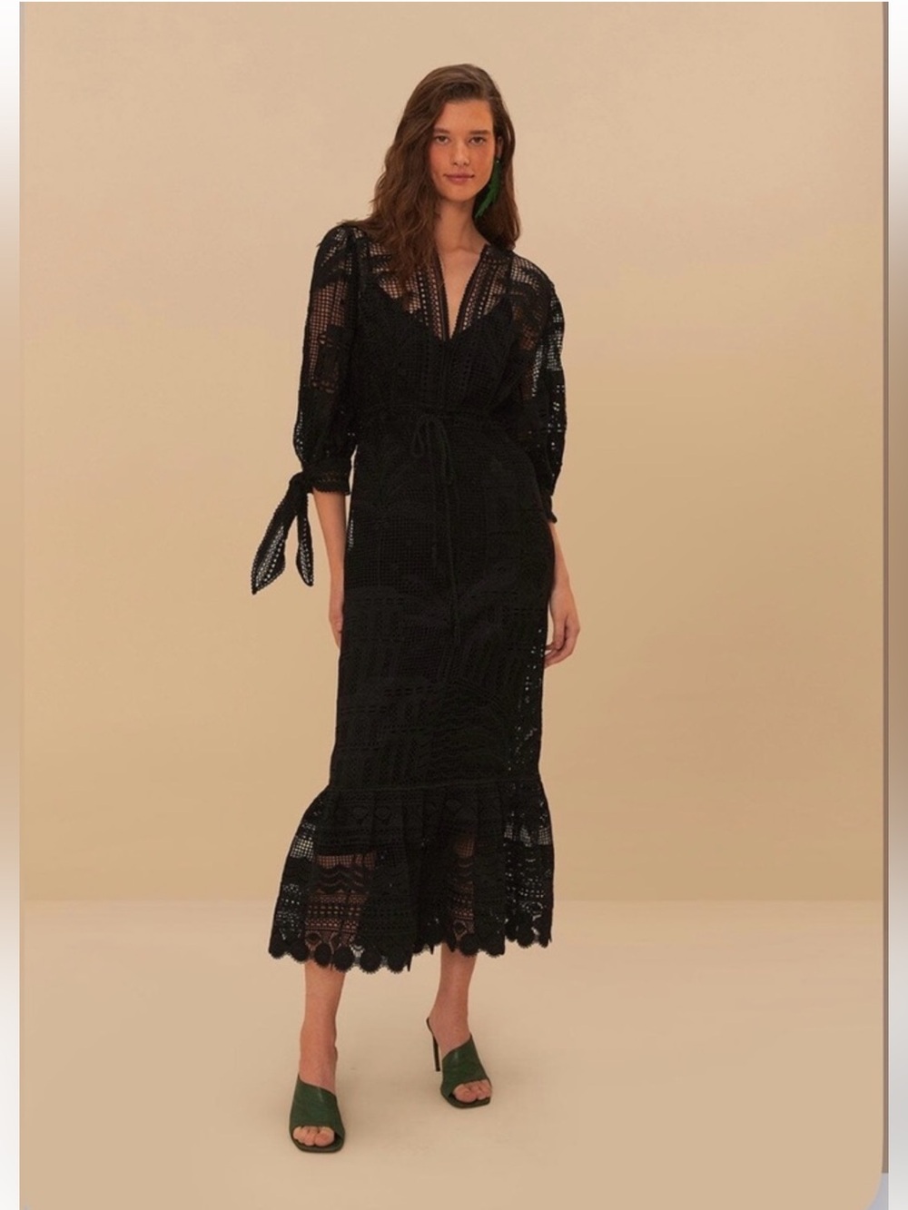 Farm Rio Black Morada Boa Guipure Maxi Dress